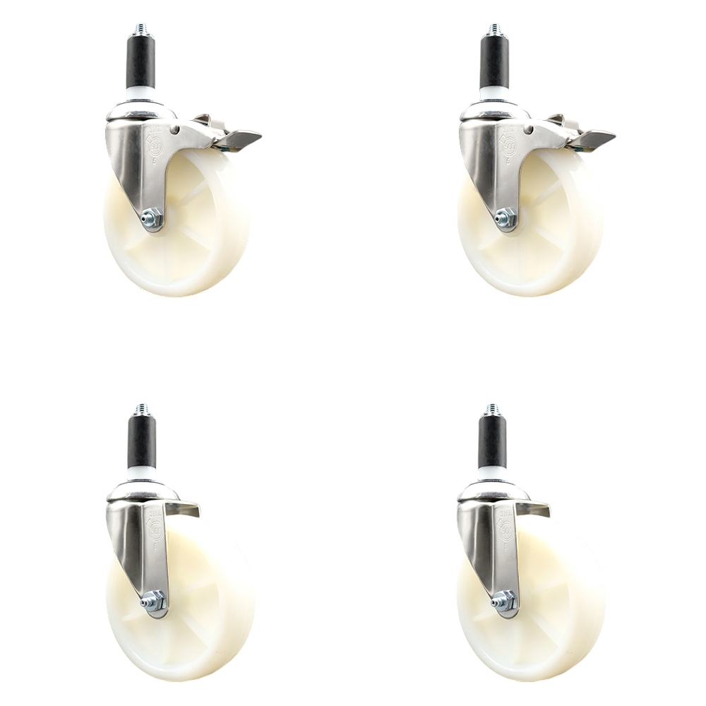 Nylon Swivel Stem Caster Set of 4 with 5 Inch Caster Wheels - 1-3/8" Expanding Stem - 316 Stainless Steel Casters - Includes 2 Swivel with Total Lock Brakes and 2 Swivel - Service Caster Brand — photo 1