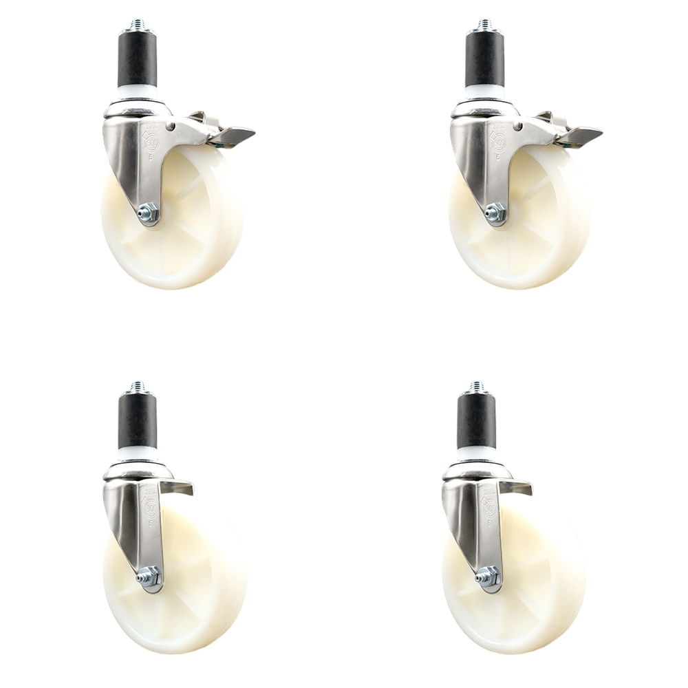 Nylon Swivel Stem Caster Set of 4 with 5 Inch Caster Wheels - 1-5/8" Expanding Stem - 316 Stainless Steel Casters - Includes 2 Swivel with Total Lock Brakes and 2 Swivel - Service Caster Brand — photo 1