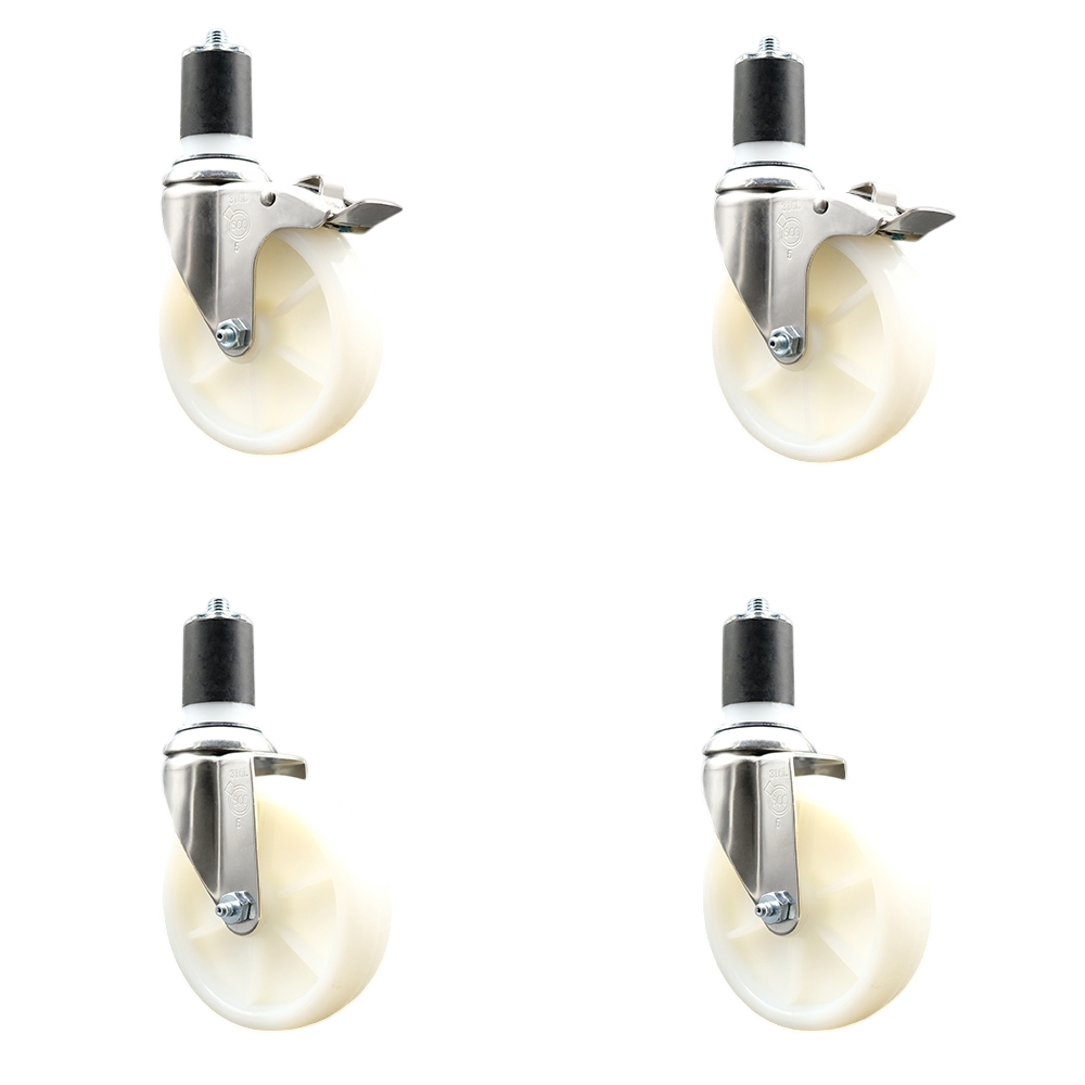 Nylon Swivel Stem Caster Set of 4 with 5 Inch Caster Wheels - 1-7/8" Expanding Stem - 316 Stainless Steel Casters - Includes 2 Swivel with Total Lock Brakes and 2 Swivel - Service Caster Brand — photo 1