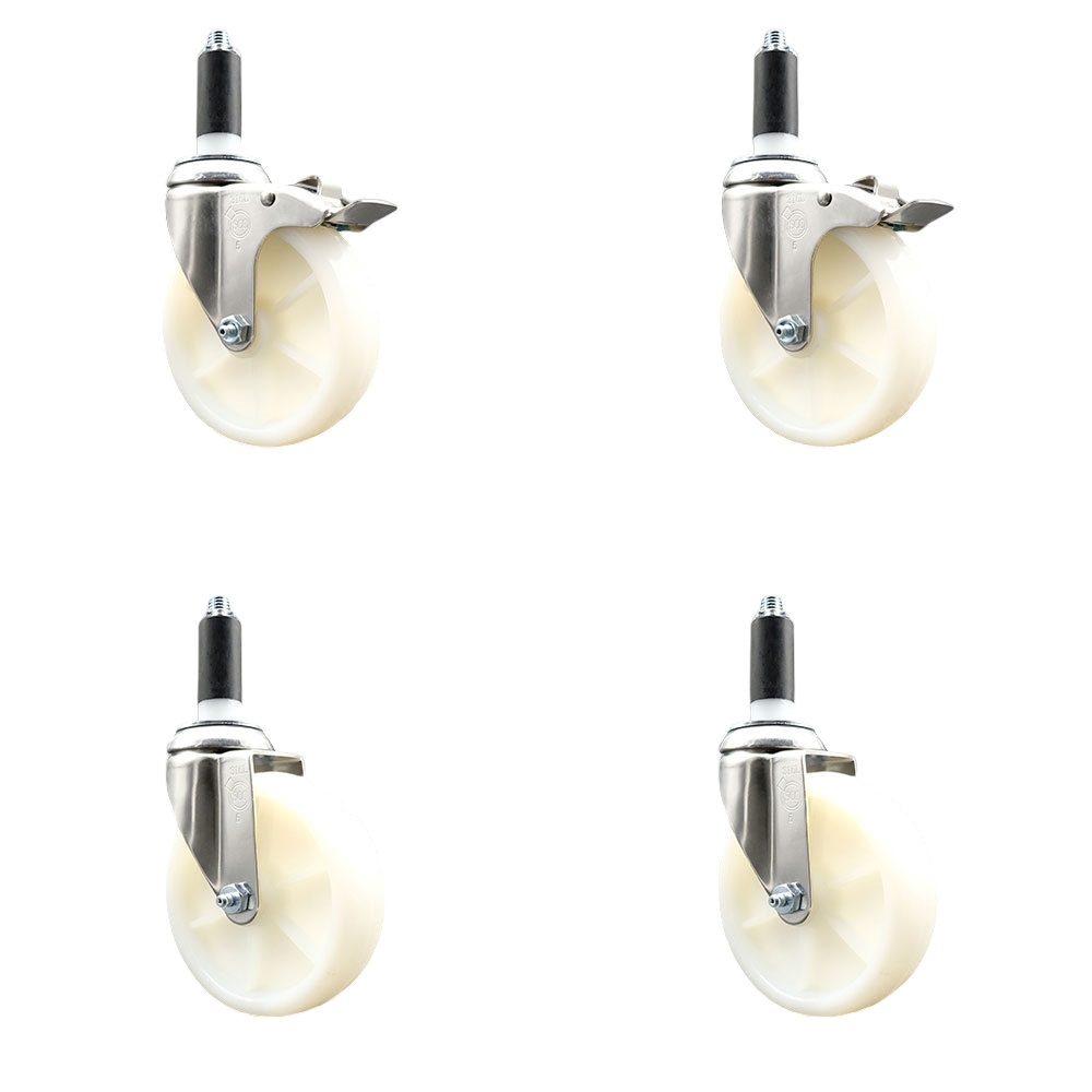 Nylon Swivel Stem Caster Set of 4 with 5 Inch Caster Wheels - 1" Expanding Stem - 316 Stainless Steel Casters - Includes 2 Swivel with Total Lock Brakes and 2 Swivel - Service Caster Brand — photo 1
