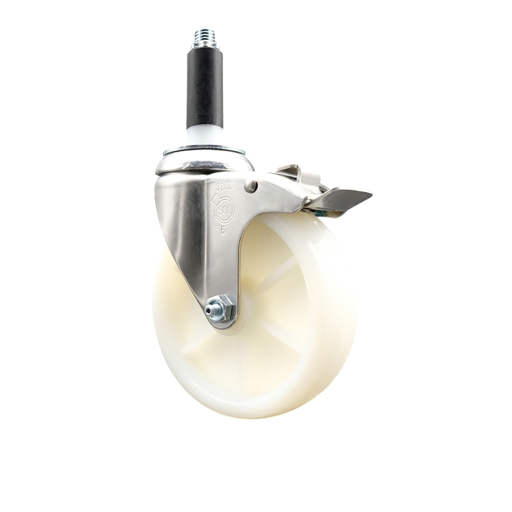 Nylon Swivel Stem Caster with 5 Inch White Caster Wheel and Total Lock Brake - 7/8" Expanding Stem - 316 Stainless Steel Caster - 300 lbs. Capacity Per Caster - Service Caster Brand — photo 1