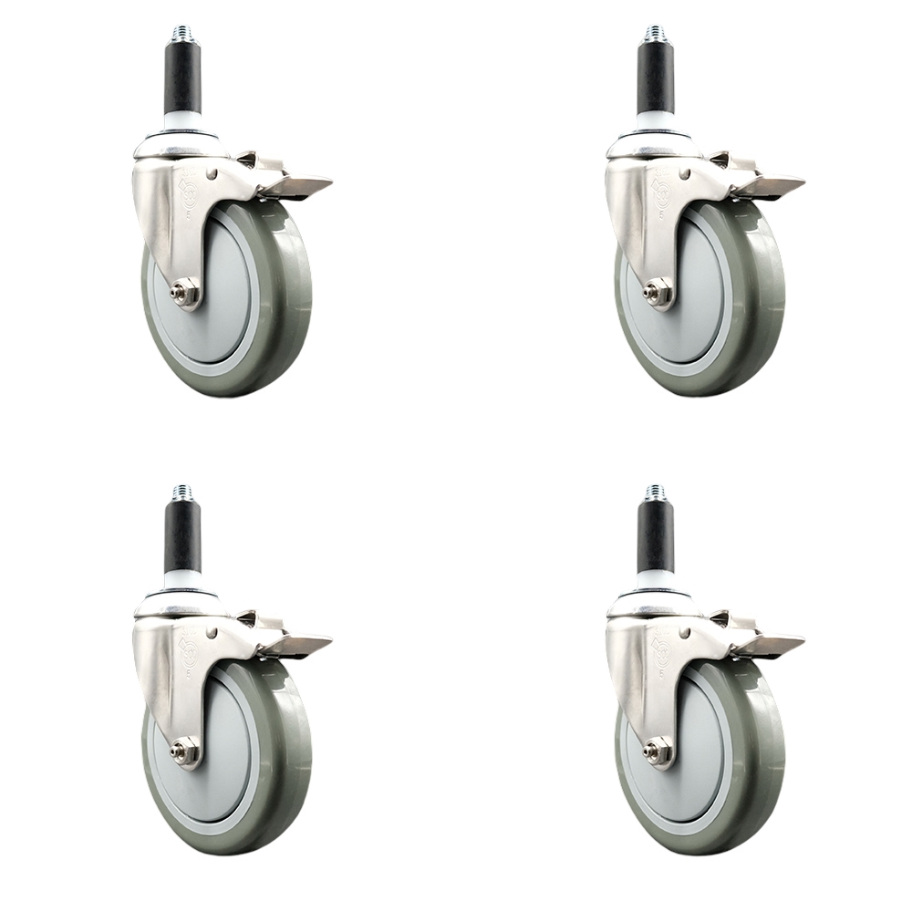 Polyurethane Swivel Stem Caster Set of 4 with 5 Inch Gray Caster Wheels - 1" Expanding Stems - 316 Stainless Steel Casters - Includes 4 Swivel Casters with Total Lock Brakes- Service Caster Brand — photo 1