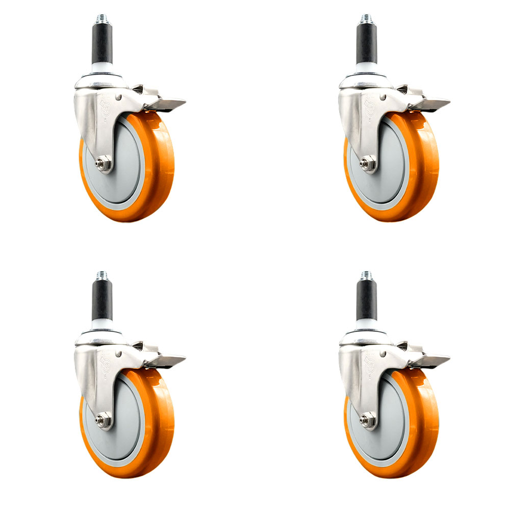 Polyurethane Swivel Stem Caster Set of 4 with 5 Inch Orange Caster Wheels - 1" Expanding Stems - 316 Stainless Steel Casters - Includes 4 Swivel Casters with Total Lock Brakes - Service Caster Brand — photo 1
