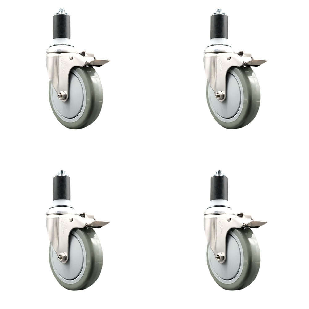 Polyurethane Swivel Stem Caster Set of 4 with 5 Inch Gray Caster Wheels - 1-1/2" Expanding Stems - 316 Stainless Steel Casters - Includes 4 Swivel Casters with Total Lock Brakes- Service Caster Brand — photo 1