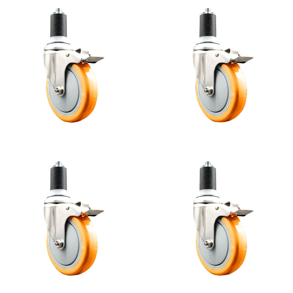 Polyurethane Swivel Stem Caster Set of 4 with 5 Inch Orange Caster Wheels - 1-1/2" Expanding Stems - 316 Stainless Steel Casters - Includes 4 Swivel Casters with Total Lock Brakes-Service Caster Brand — photo 1