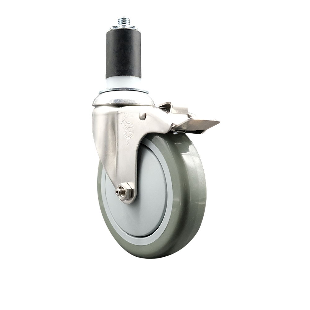 Polyurethane Swivel Stem Caster with 5 Inch Gray Caster Wheel and Total Lock Brake - 1-1/2" Expanding Stem - 316 Stainless Steel Caster - 350 lbs. Capacity Per Caster - Service Caster Brand — photo 1