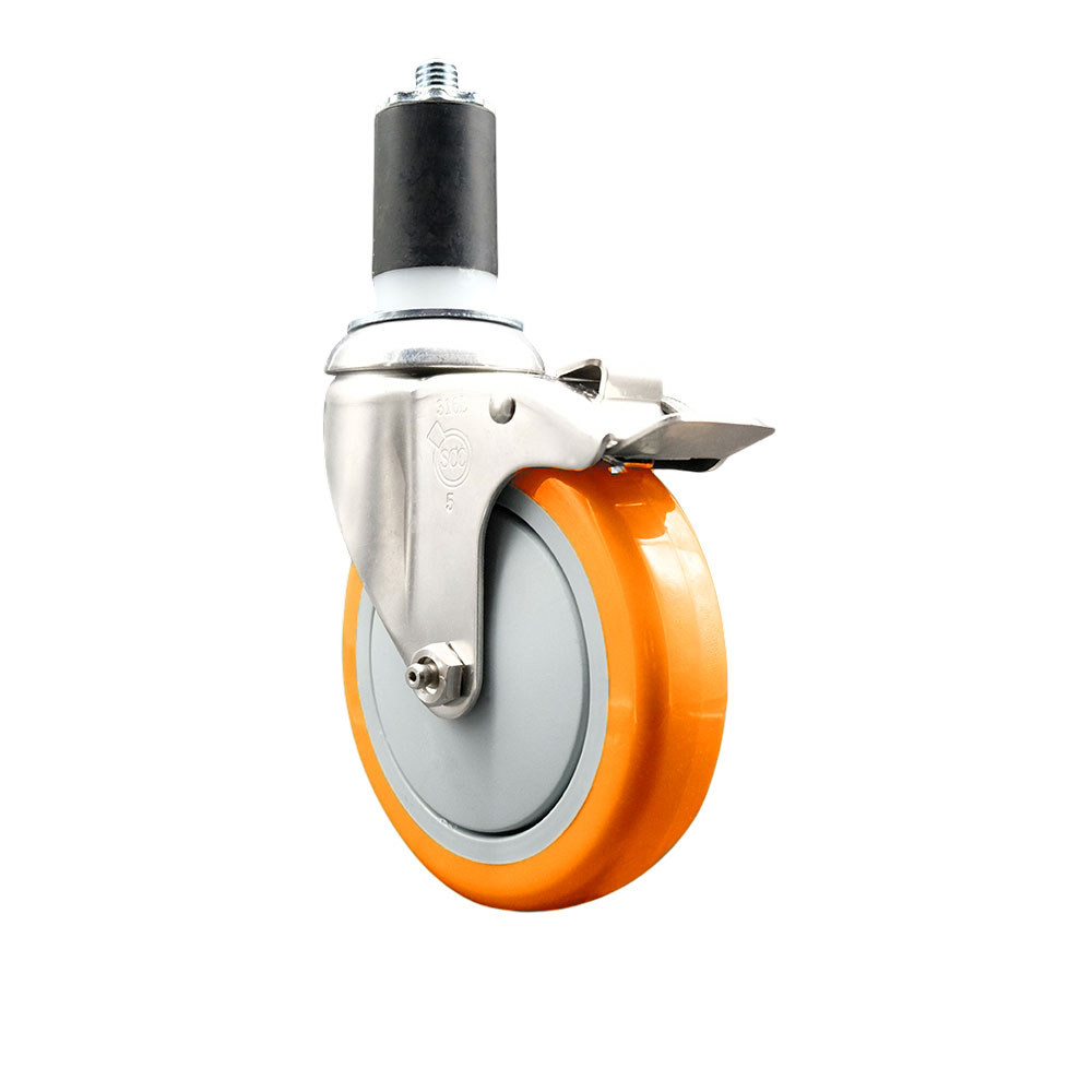 Polyurethane Swivel Stem Caster with 5 Inch Orange Caster Wheel and Total Lock Brake - 1-1/2" Expanding Stem - 316 Stainless Steel Caster - 350 lbs. Capacity Per Caster - Service Caster Brand — photo 1