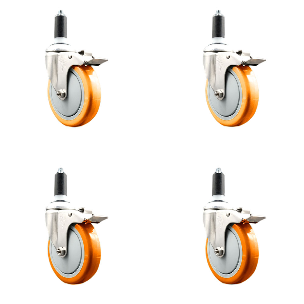 Polyurethane Swivel Stem Caster Set of 4 with 5 Inch Orange Caster Wheels - 1-1/4" Expanding Stems - 316 Stainless Steel Casters - Includes 4 Swivel Casters with Total Lock Brakes-Service Caster Brand — photo 1