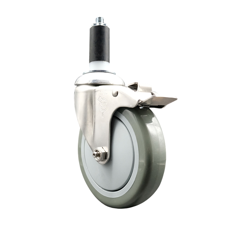 Polyurethane Swivel Stem Caster with 5 Inch Gray Caster Wheel and Total Lock Brake - 1-1/4" Expanding Stem - 316 Stainless Steel Caster - 350 lbs. Capacity Per Caster - Service Caster Brand — photo 1