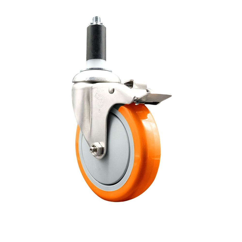 Polyurethane Swivel Stem Caster with 5 Inch Orange Caster Wheel and Total Lock Brake - 1-1/4" Expanding Stem - 316 Stainless Steel Caster - 350 lbs. Capacity Per Caster - Service Caster Brand — photo 1