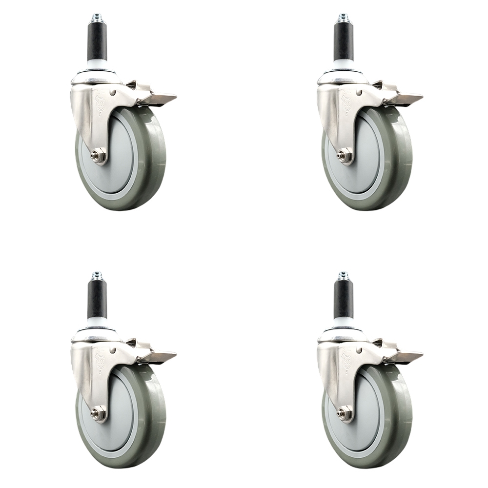 Polyurethane Swivel Stem Caster Set of 4 with 5 Inch Gray Caster Wheels - 1-1/8" Expanding Stems - 316 Stainless Steel Casters - Includes 4 Swivel Casters with Total Lock Brakes- Service Caster Brand — photo 1