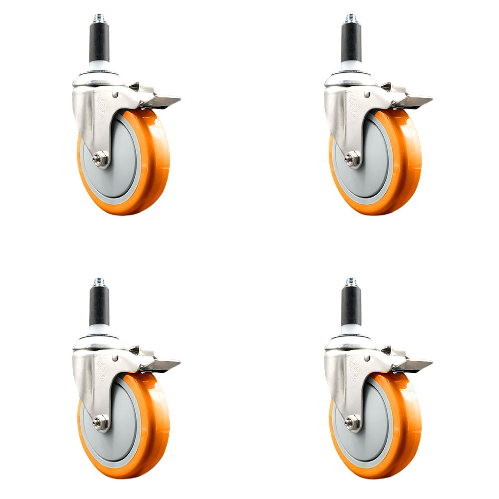Polyurethane Swivel Stem Caster Set of 4 with 5 Inch Orange Caster Wheels - 1-1/8" Expanding Stems - 316 Stainless Steel Casters - Includes 4 Swivel Casters with Total Lock Brakes-Service Caster Brand — photo 1