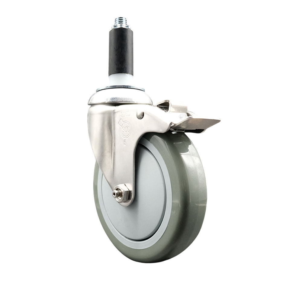 Polyurethane Swivel Stem Caster with 5 Inch Gray Caster Wheel and Total Lock Brake - 1-1/8" Expanding Stem - 316 Stainless Steel Caster - 350 lbs. Capacity Per Caster - Service Caster Brand — photo 1