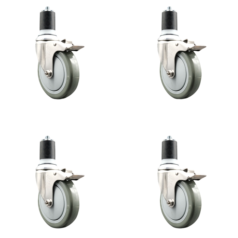 Polyurethane Swivel Stem Caster Set of 4 with 5 Inch Gray Caster Wheels - 1-3/4" Expanding Stems - 316 Stainless Steel Casters - Includes 4 Swivel Casters with Total Lock Brakes- Service Caster Brand — photo 1