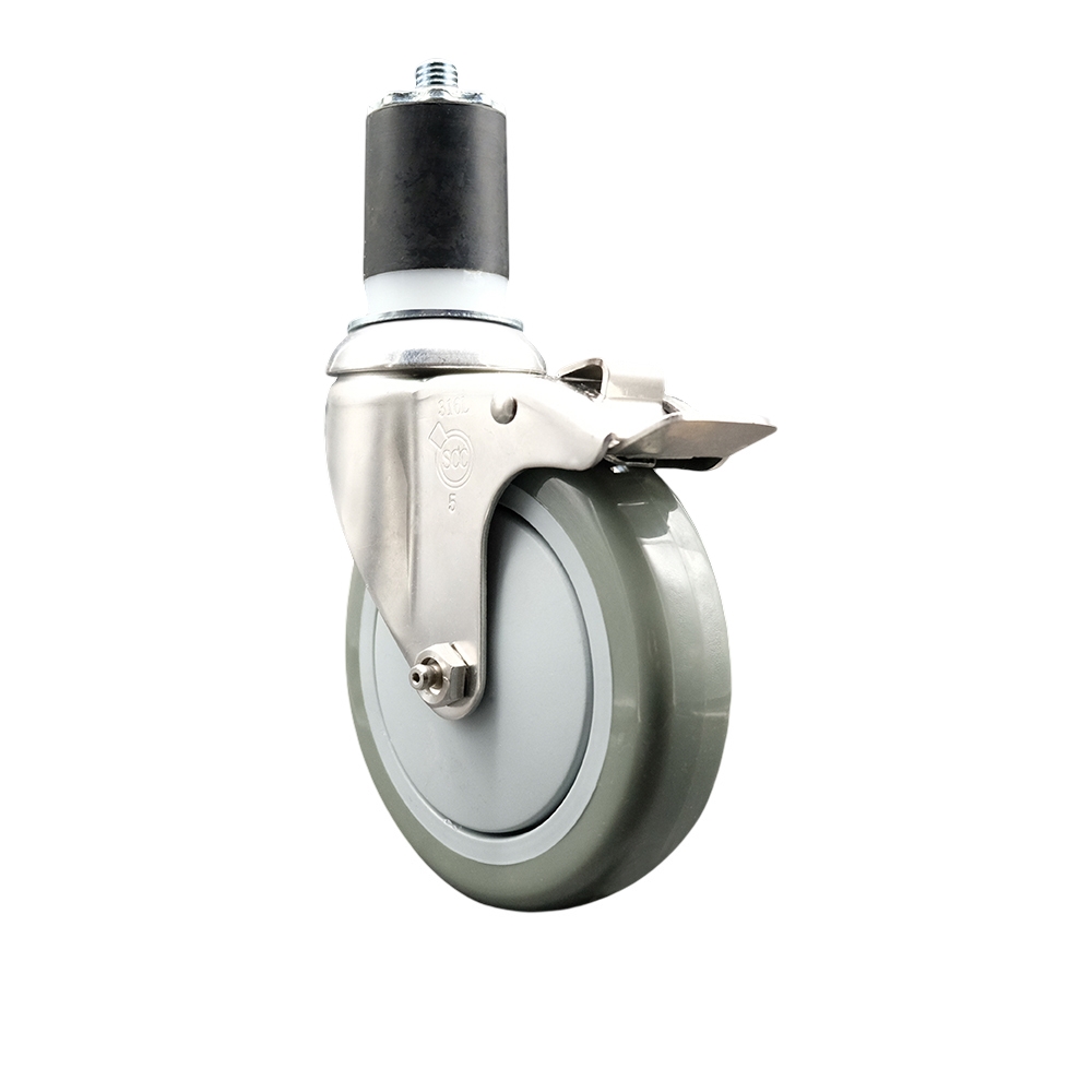 Polyurethane Swivel Stem Caster with 5 Inch Gray Caster Wheel and Total Lock Brake - 1-3/4" Expanding Stem - 316 Stainless Steel Caster - 350 lbs. Capacity Per Caster - Service Caster Brand — photo 1