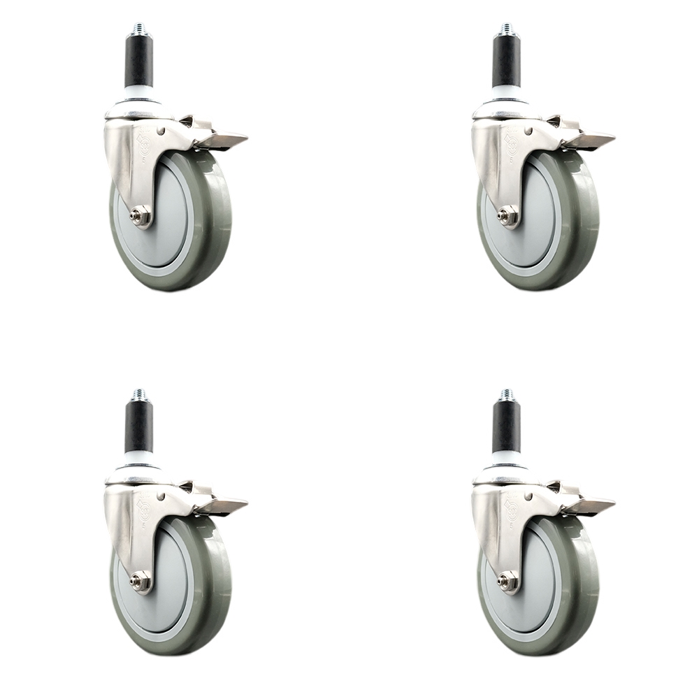 Polyurethane Swivel Stem Caster Set of 4 with 5 Inch Gray Caster Wheels - 1-3/8" Expanding Stems - 316 Stainless Steel Casters - Includes 4 Swivel Casters with Total Lock Brakes- Service Caster Brand — photo 1