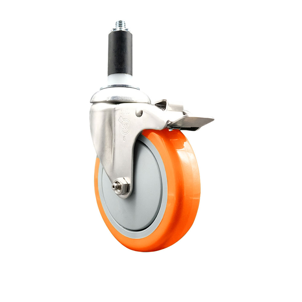 Polyurethane Swivel Stem Caster with 5 Inch Orange Caster Wheel and Total Lock Brake - 1-3/8" Expanding Stem - 316 Stainless Steel Caster - 350 lbs. Capacity Per Caster - Service Caster Brand — photo 1