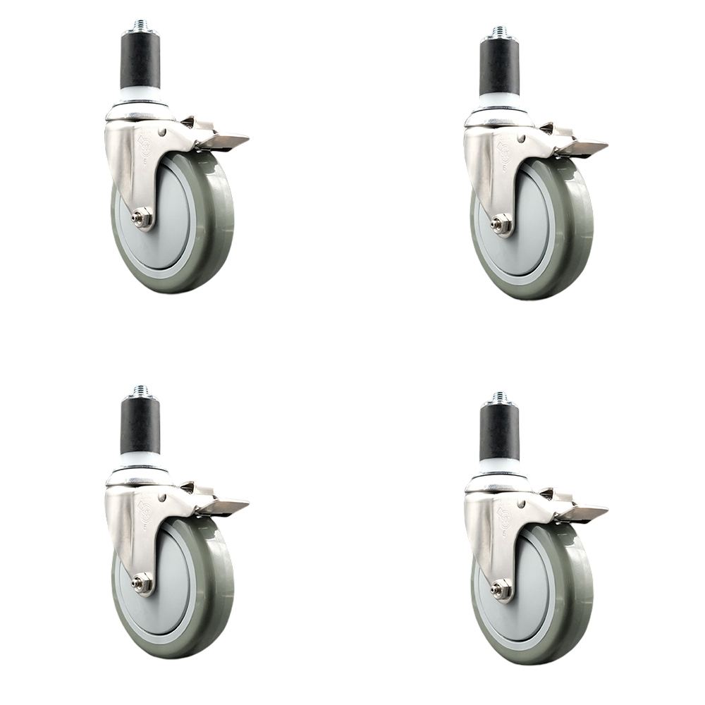 Polyurethane Swivel Stem Caster Set of 4 with 5 Inch Gray Caster Wheels - 1-5/8" Expanding Stems - 316 Stainless Steel Casters - Includes 4 Swivel Casters with Total Lock Brakes- Service Caster Brand — photo 1