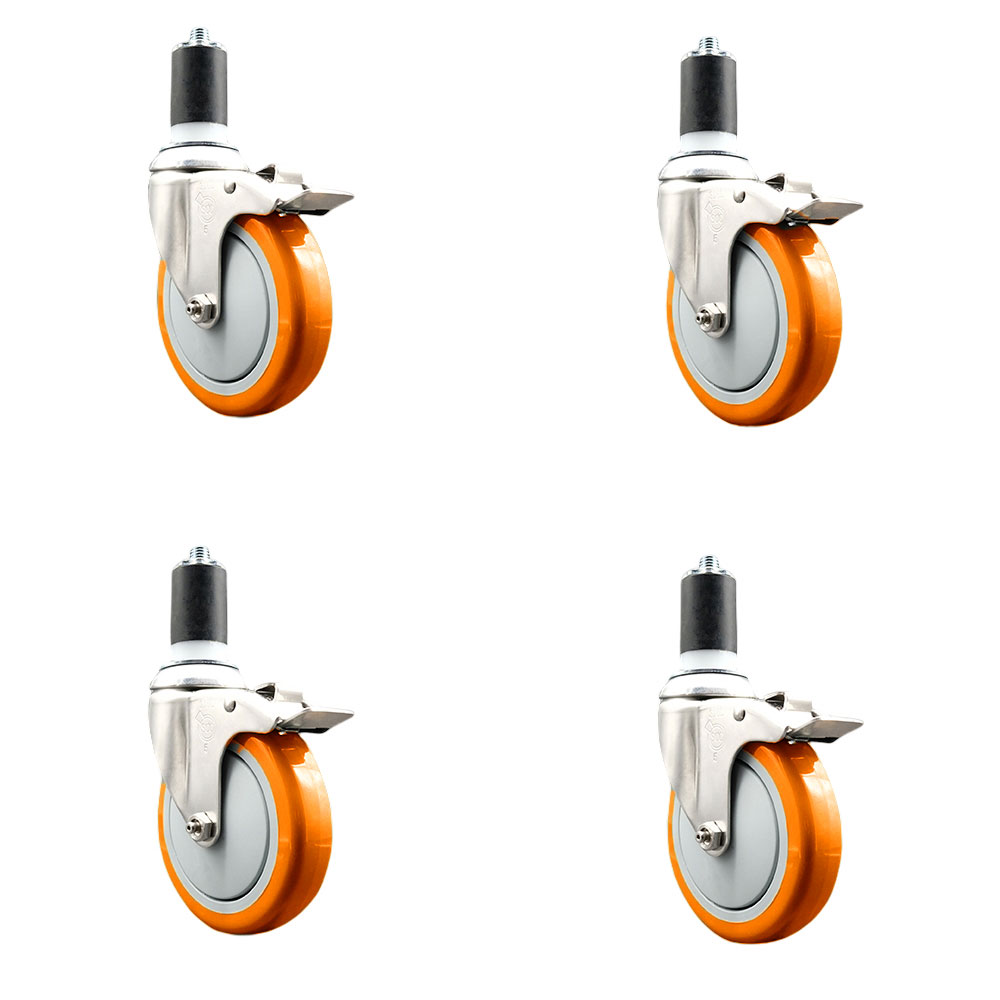Polyurethane Swivel Stem Caster Set of 4 with 5 Inch Orange Caster Wheels - 1-5/8" Expanding Stems - 316 Stainless Steel Casters - Includes 4 Swivel Casters with Total Lock Brakes-Service Caster Brand — photo 1