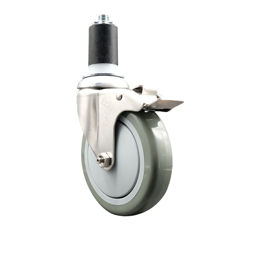 Polyurethane Swivel Stem Caster with 5 Inch Gray Caster Wheel and Total Lock Brake - 1-5/8" Expanding Stem - 316 Stainless Steel Caster - 350 lbs. Capacity Per Caster - Service Caster Brand — photo 1