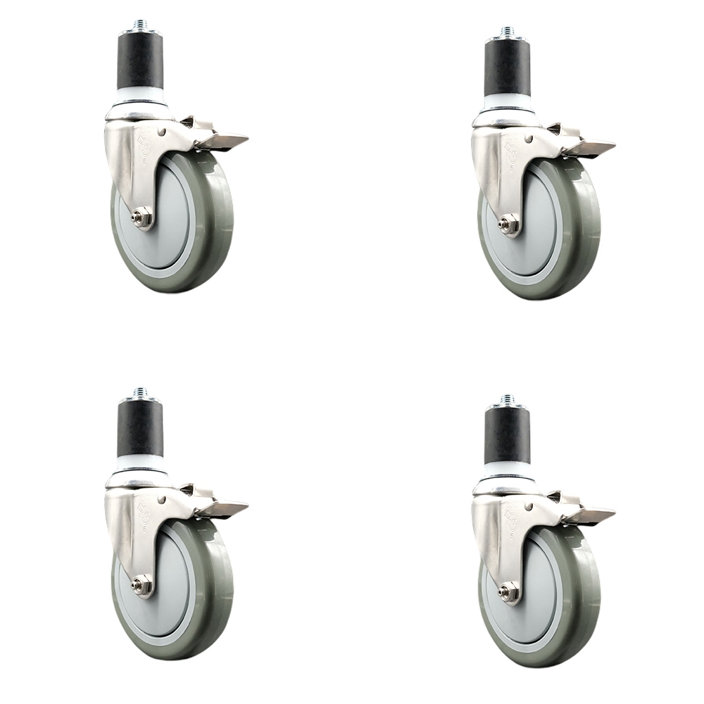 Polyurethane Swivel Stem Caster Set of 4 with 5 Inch Gray Caster Wheels - 1-7/8" Expanding Stems - 316 Stainless Steel Casters - Includes 4 Swivel Casters with Total Lock Brakes- Service Caster Brand — photo 1