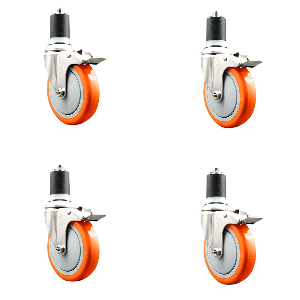 Polyurethane Swivel Stem Caster Set of 4 with 5 Inch Orange Caster Wheels - 1-7/8" Expanding Stems - 316 Stainless Steel Casters - Includes 4 Swivel Casters with Total Lock Brakes-Service Caster Brand — photo 1