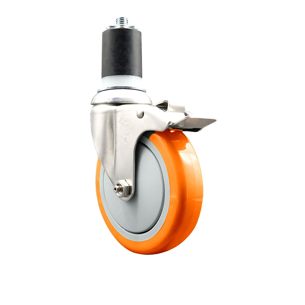 Polyurethane Swivel Stem Caster with 5 Inch Orange Caster Wheel and Total Lock Brake - 1-7/8" Expanding Stem - 316 Stainless Steel Caster - 350 lbs. Capacity Per Caster - Service Caster Brand — photo 1