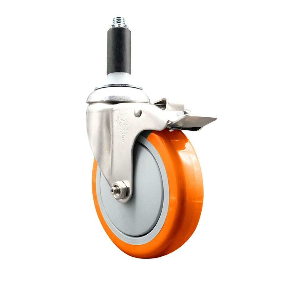 Polyurethane Swivel Stem Caster with 5 Inch Orange Caster Wheel and Total Lock Brake - 1" Expanding Stem - 316 Stainless Steel Caster - 350 lbs. Capacity Per Caster - Service Caster Brand — photo 1