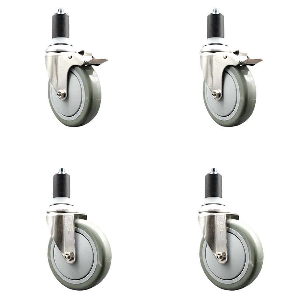 Polyurethane Swivel Stem Caster Set of 4 with 5 Inch Gray Caster Wheels - 1-1/2" Expanding Stem -316 Stainless Steel Casters-Includes 2 Swivel with Total Lock Brakes and 2 Swivel-Service Caster Brand — photo 1
