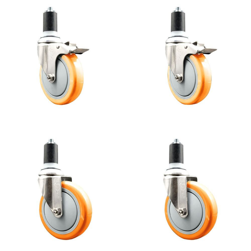 Polyurethane Swivel Stem Caster Set of 4 with 5 Inch Orange Caster Wheels - 1-1/2" Expanding Stem-316 Stainless Steel Casters-Includes 2 Swivel with Total Lock Brakes and 2 Swivel-Service Caster Brand — photo 1