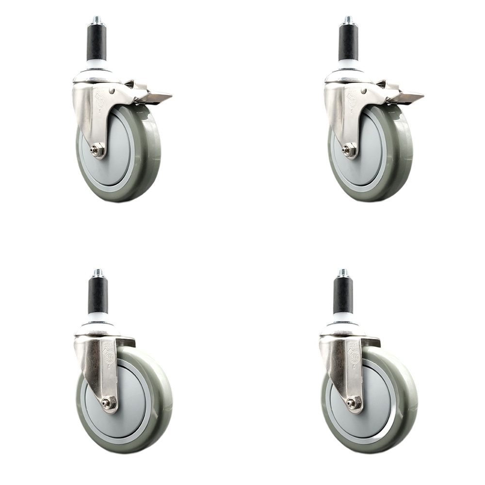 Polyurethane Swivel Stem Caster Set of 4 with 5 Inch Gray Caster Wheels - 1-1/4" Expanding Stem -316 Stainless Steel Casters-Includes 2 Swivel with Total Lock Brakes and 2 Swivel-Service Caster Brand — photo 1