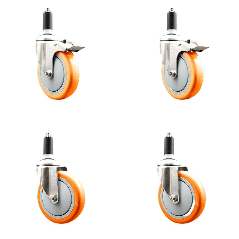 Polyurethane Swivel Stem Caster Set of 4 with 5 Inch Orange Caster Wheels - 1-1/4" Expanding Stem-316 Stainless Steel Casters-Includes 2 Swivel with Total Lock Brakes and 2 Swivel-Service Caster Brand — photo 1
