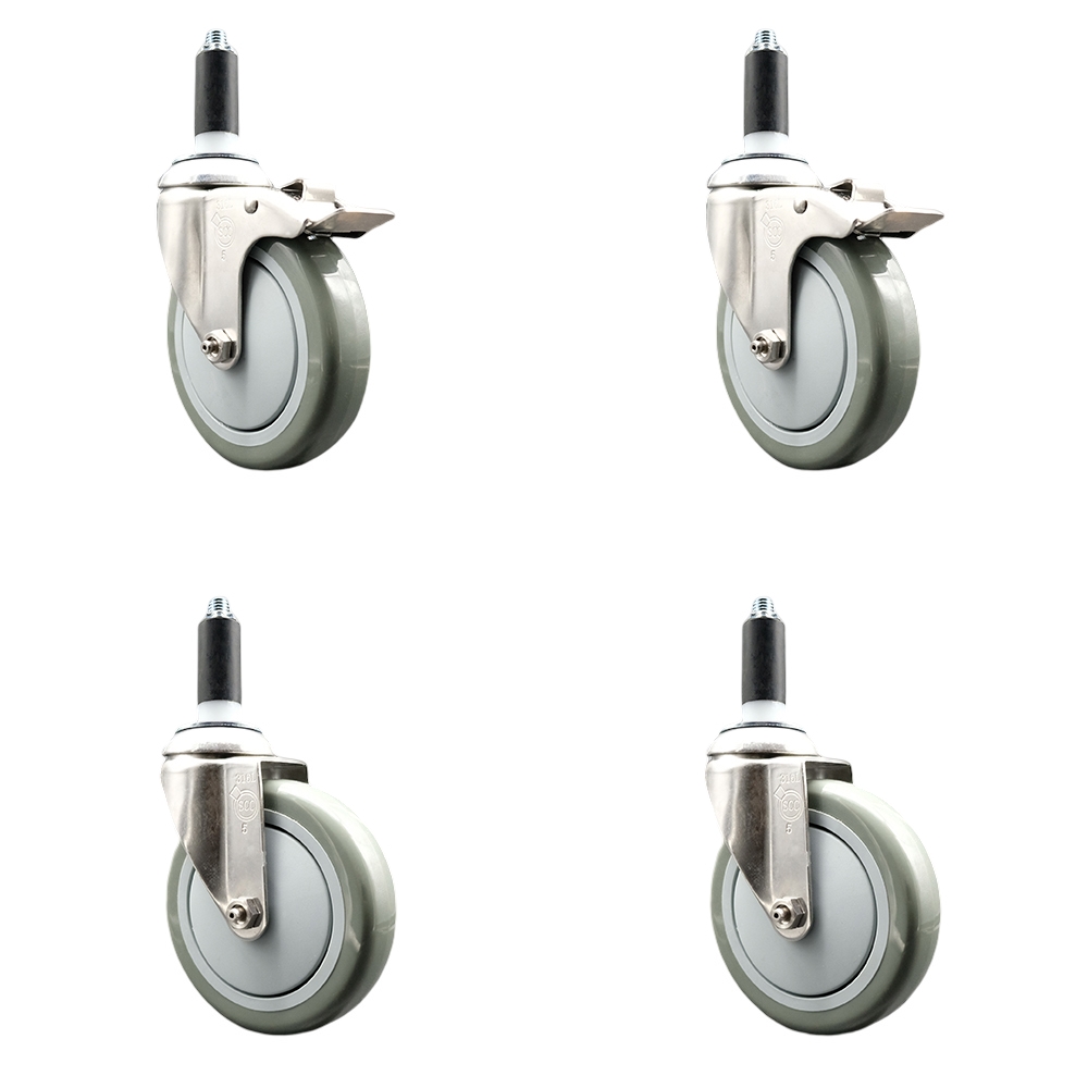 Polyurethane Swivel Stem Caster Set of 4 with 5 Inch Gray Caster Wheels - 1-1/8" Expanding Stem -316 Stainless Steel Casters-Includes 2 Swivel with Total Lock Brakes and 2 Swivel-Service Caster Brand — photo 1