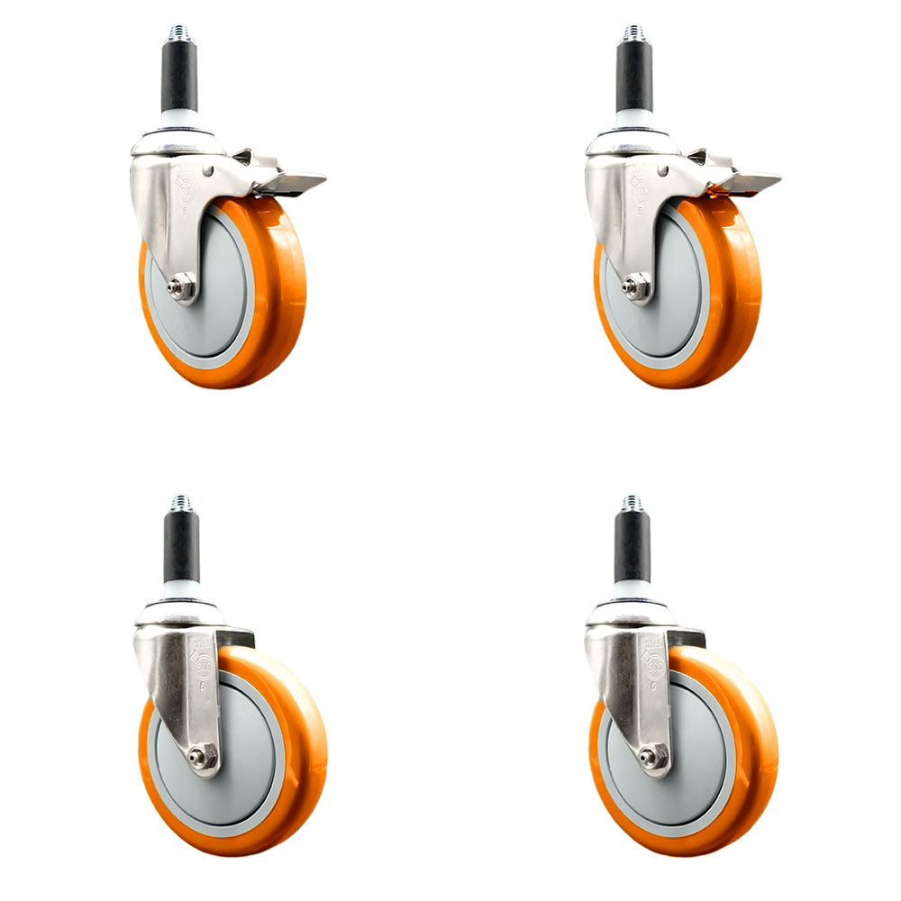 Polyurethane Swivel Stem Caster Set of 4 with 5 Inch Orange Caster Wheels - 1-1/8" Expanding Stem-316 Stainless Steel Casters-Includes 2 Swivel with Total Lock Brakes and 2 Swivel-Service Caster Brand — photo 1