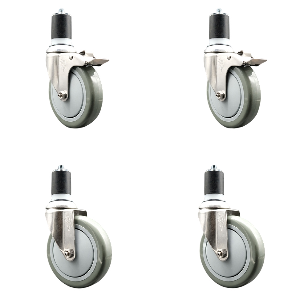 Polyurethane Swivel Stem Caster Set of 4 with 5 Inch Gray Caster Wheels - 1-3/4" Expanding Stem -316 Stainless Steel Casters-Includes 2 Swivel with Total Lock Brakes and 2 Swivel-Service Caster Brand — photo 1