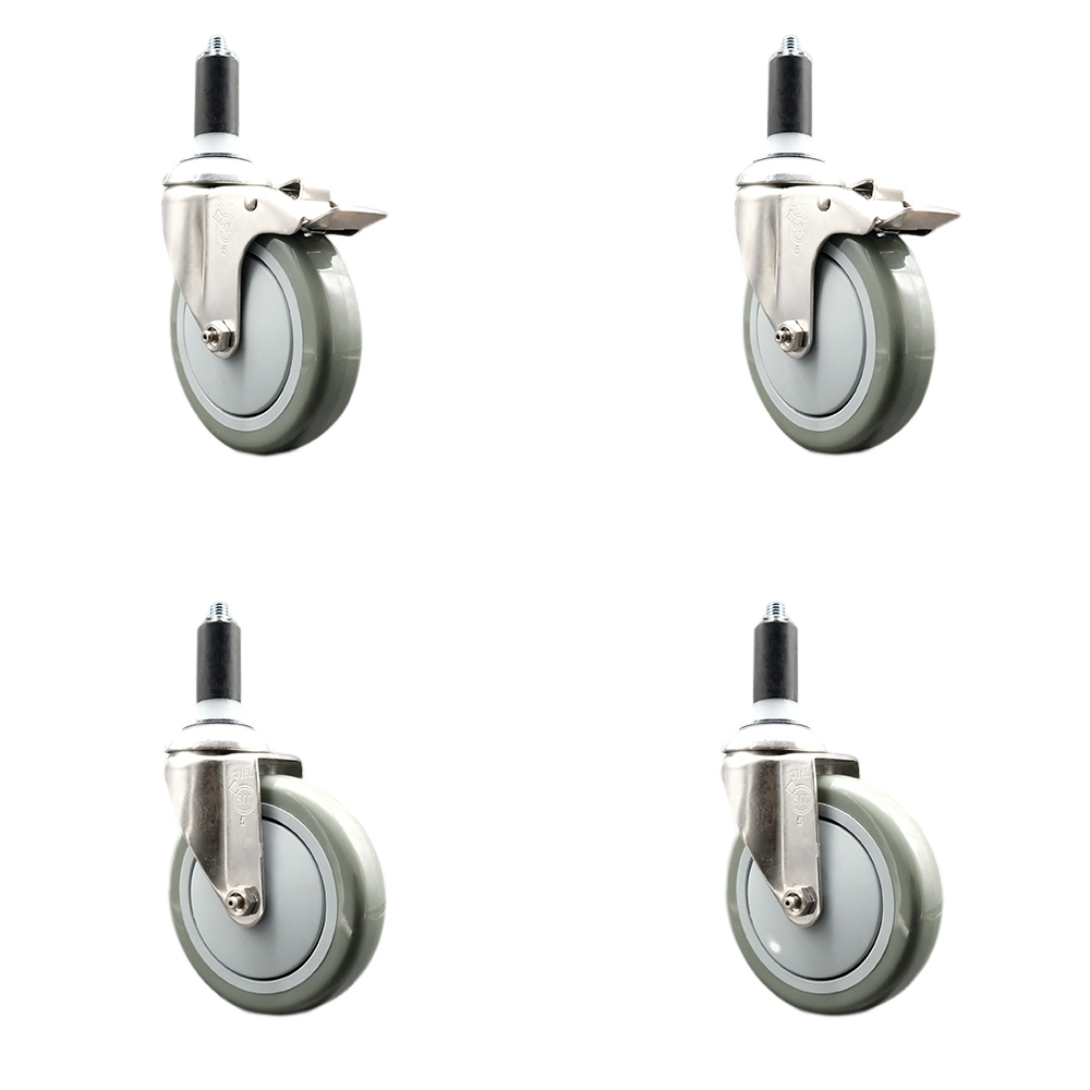 Polyurethane Swivel Stem Caster Set of 4 with 5 Inch Gray Caster Wheels - 1-3/8" Expanding Stem -316 Stainless Steel Casters-Includes 2 Swivel with Total Lock Brakes and 2 Swivel-Service Caster Brand — photo 1