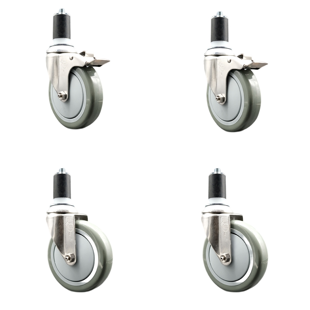 Polyurethane Swivel Stem Caster Set of 4 with 5 Inch Gray Caster Wheels - 1-5/8" Expanding Stem -316 Stainless Steel Casters-Includes 2 Swivel with Total Lock Brakes and 2 Swivel-Service Caster Brand — photo 1