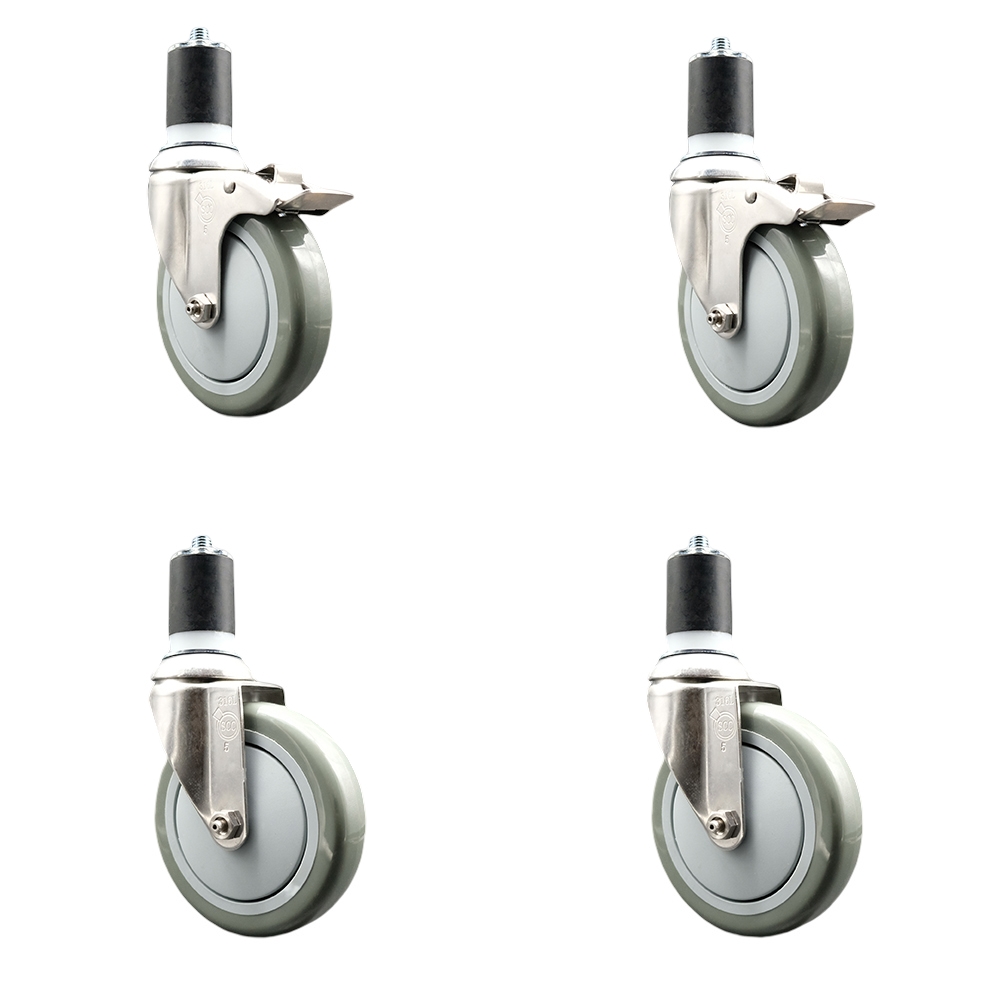 Polyurethane Swivel Stem Caster Set of 4 with 5 Inch Gray Caster Wheels - 1-7/8" Expanding Stem -316 Stainless Steel Casters-Includes 2 Swivel with Total Lock Brakes and 2 Swivel-Service Caster Brand — photo 1