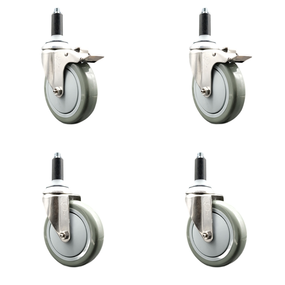 Polyurethane Swivel Stem Caster Set of 4 with 5 Inch Gray Caster Wheels - 1" Expanding Stem -316 Stainless Steel Casters - Includes 2 Swivel with Total Lock Brakes and 2 Swivel - Service Caster Brand — photo 1