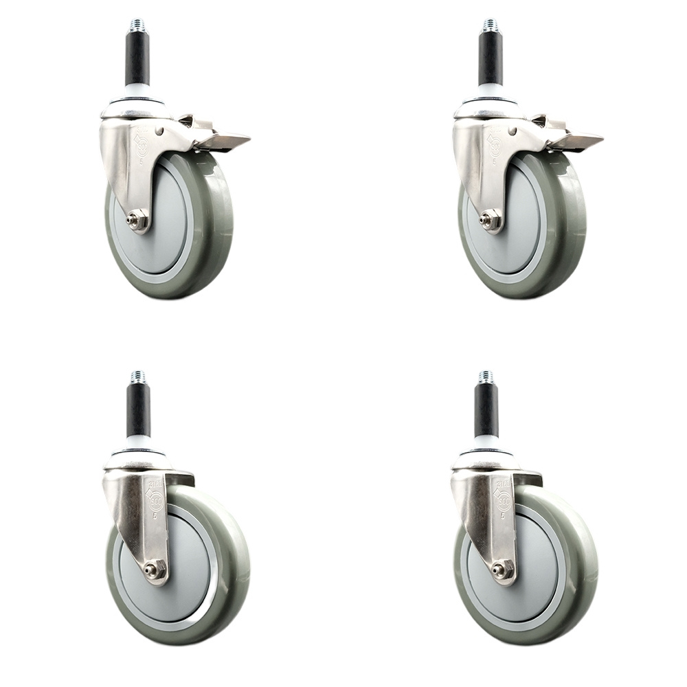 Polyurethane Swivel Stem Caster Set of 4 with 5 Inch Gray Caster Wheels - 3/4" Expanding Stem -316 Stainless Steel Casters - Includes 2 Swivel with Total Lock Brakes and 2 Swivel-Service Caster Brand — photo 1