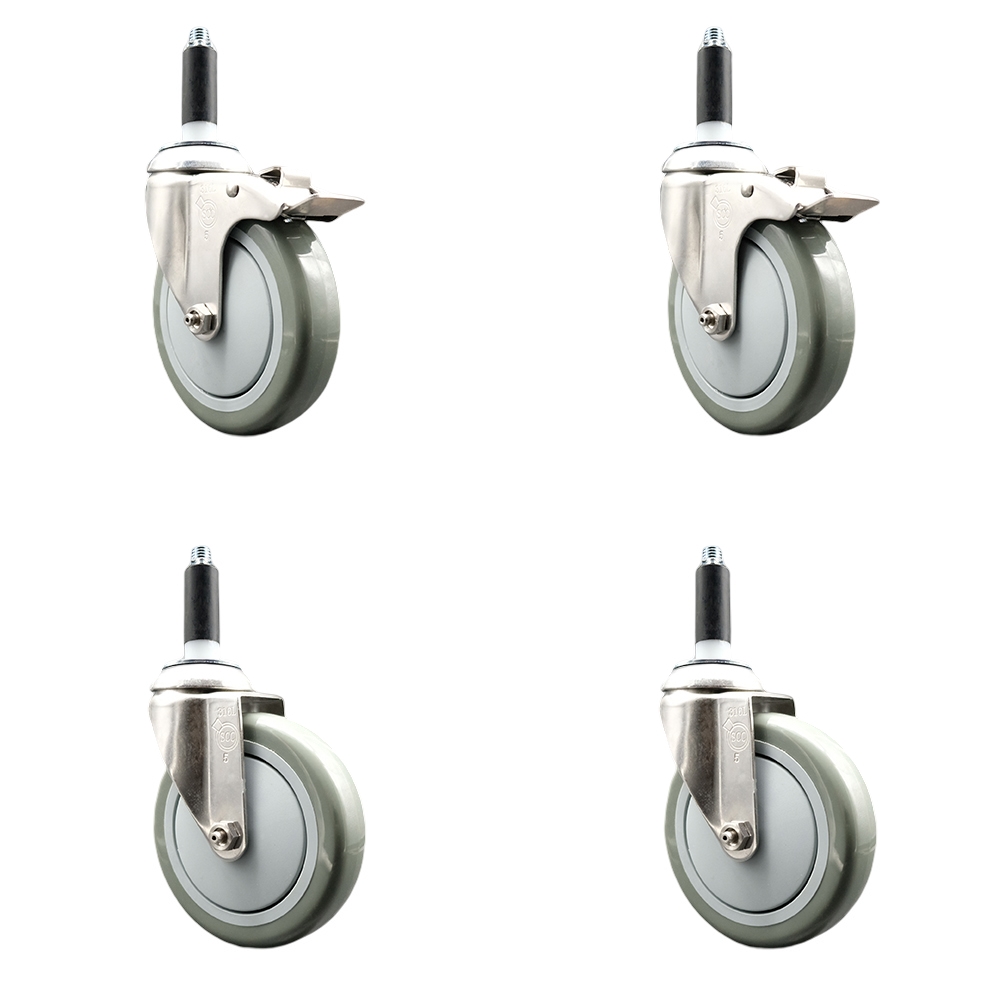 Polyurethane Swivel Stem Caster Set of 4 with 5 Inch Gray Caster Wheels - 7/8" Expanding Stem -316 Stainless Steel Casters - Includes 2 Swivel with Total Lock Brakes and 2 Swivel-Service Caster Brand — photo 1