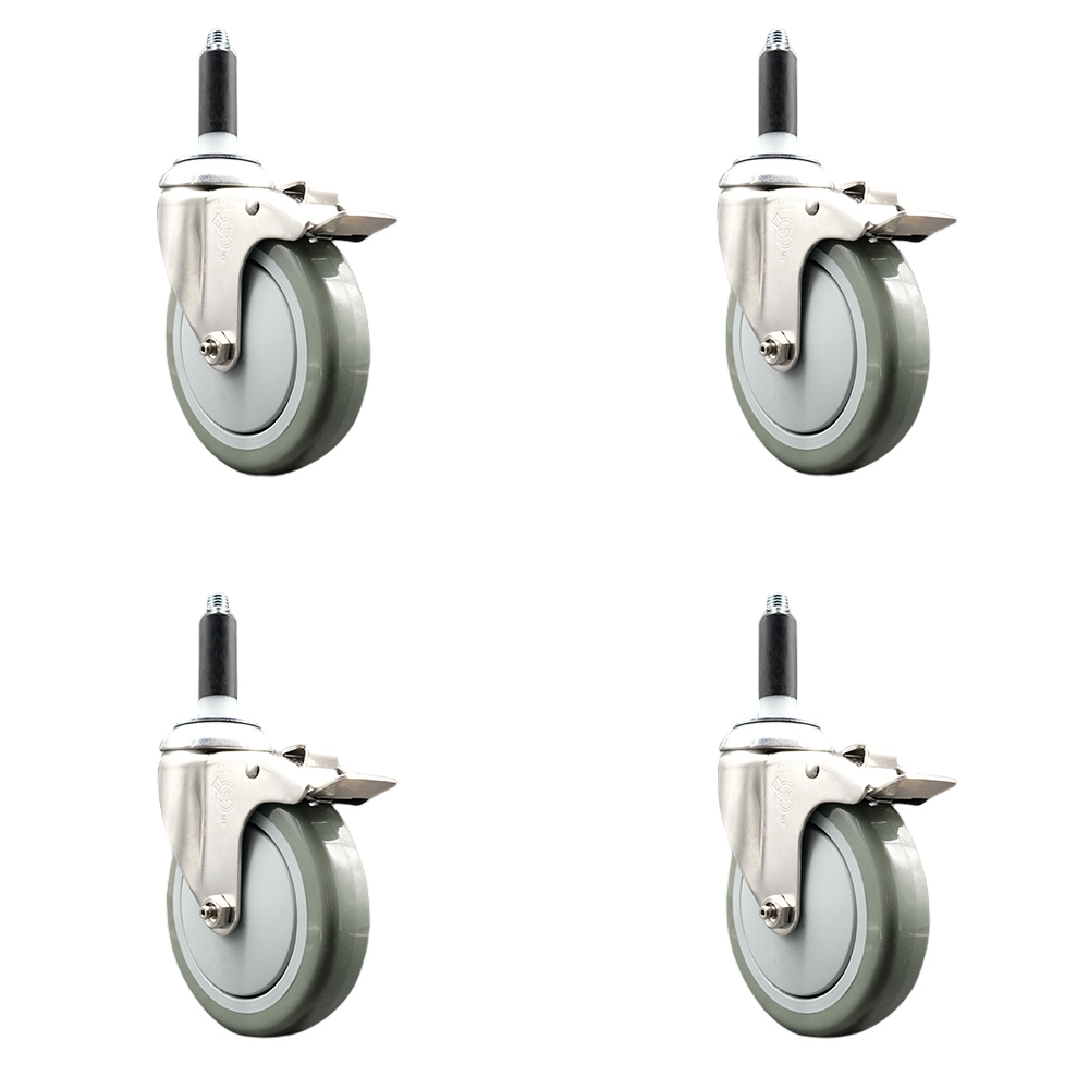 Polyurethane Swivel Stem Caster Set of 4 with 5 Inch Gray Caster Wheels - 3/4" Expanding Stems - 316 Stainless Steel Casters - Includes 4 Swivel Casters with Total Lock Brakes - Service Caster Brand — photo 1