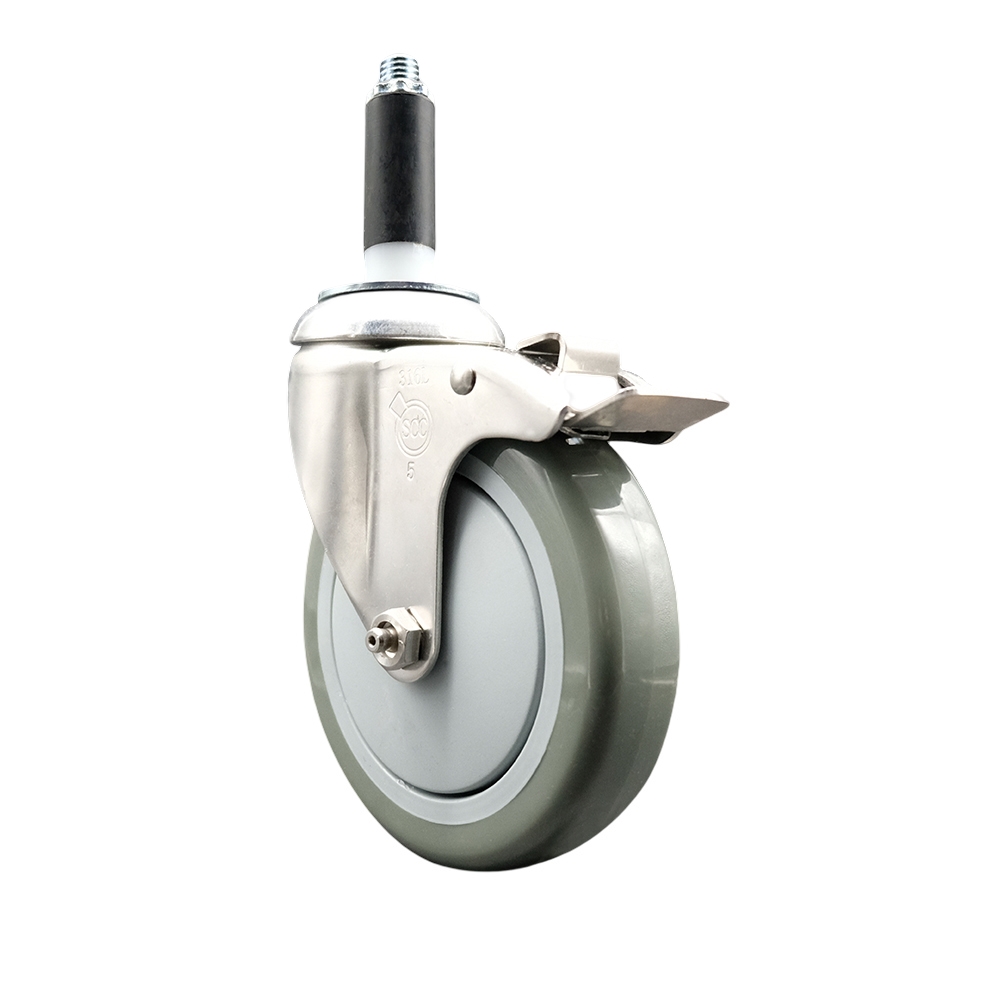 Polyurethane Swivel Stem Caster with 5 Inch Gray Caster Wheel and Total Lock Brake - 3/4" Expanding Stem - 316 Stainless Steel Caster - 350 lbs. Capacity Per Caster - Service Caster Brand — photo 1