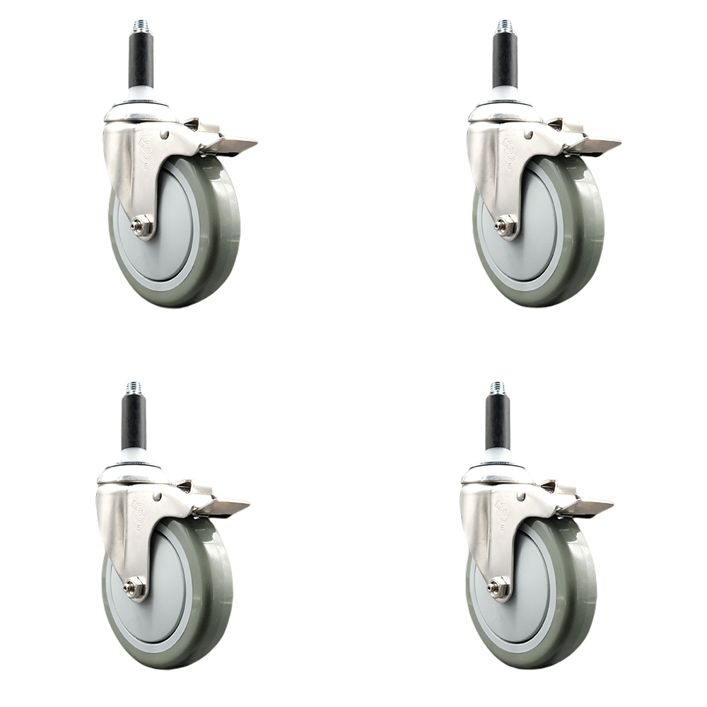 Polyurethane Swivel Stem Caster Set of 4 with 5 Inch Gray Caster Wheels - 7/8" Expanding Stems - 316 Stainless Steel Casters - Includes 4 Swivel Casters with Total Lock Brakes - Service Caster Brand — photo 1