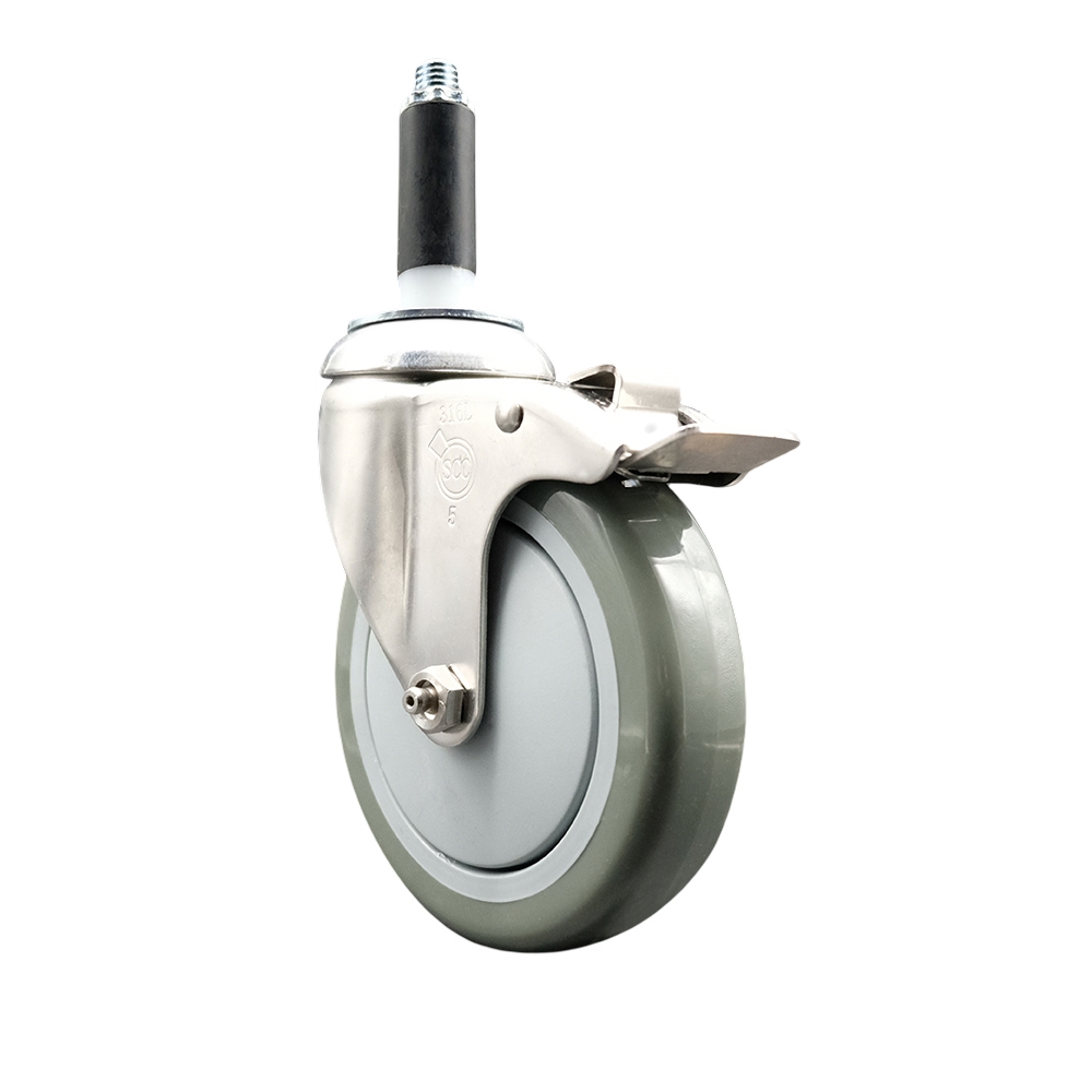 Polyurethane Swivel Stem Caster with 5 Inch Gray Caster Wheel and Total Lock Brake - 7/8" Expanding Stem - 316 Stainless Steel Caster - 350 lbs. Capacity Per Caster - Service Caster Brand — photo 1