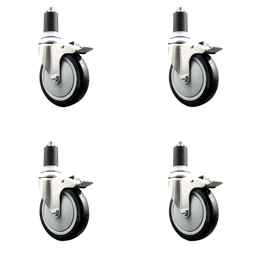 Polyurethane Swivel Stem Caster Set of 4 with 5 Inch Black Caster Wheels - 1-1/2" Expanding Stems - 316 Stainless Steel Casters - Includes 4 Swivel Casters with Total Lock Brakes- Service Caster Brand — photo 1