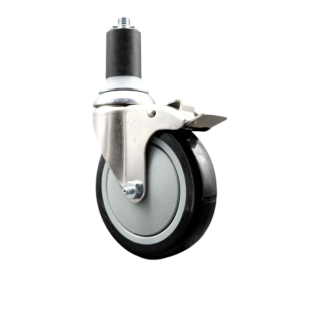 Polyurethane Swivel Stem Caster with 5 Inch Black Caster Wheel and Total Lock Brake - 1-1/2" Expanding Stem - 316 Stainless Steel Caster - 350 lbs. Capacity Per Caster - Service Caster Brand — photo 1