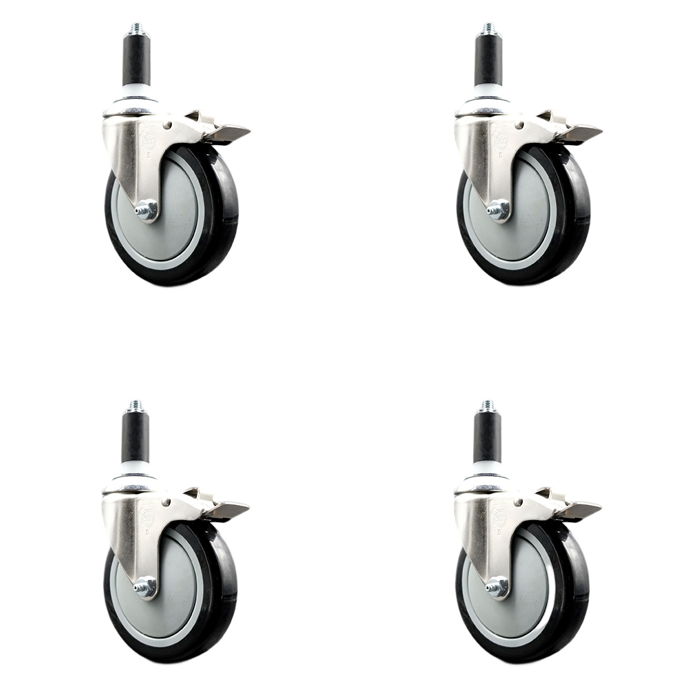 Polyurethane Swivel Stem Caster Set of 4 with 5 Inch Black Caster Wheels - 1-1/4" Expanding Stems - 316 Stainless Steel Casters - Includes 4 Swivel Casters with Total Lock Brakes- Service Caster Brand — photo 1