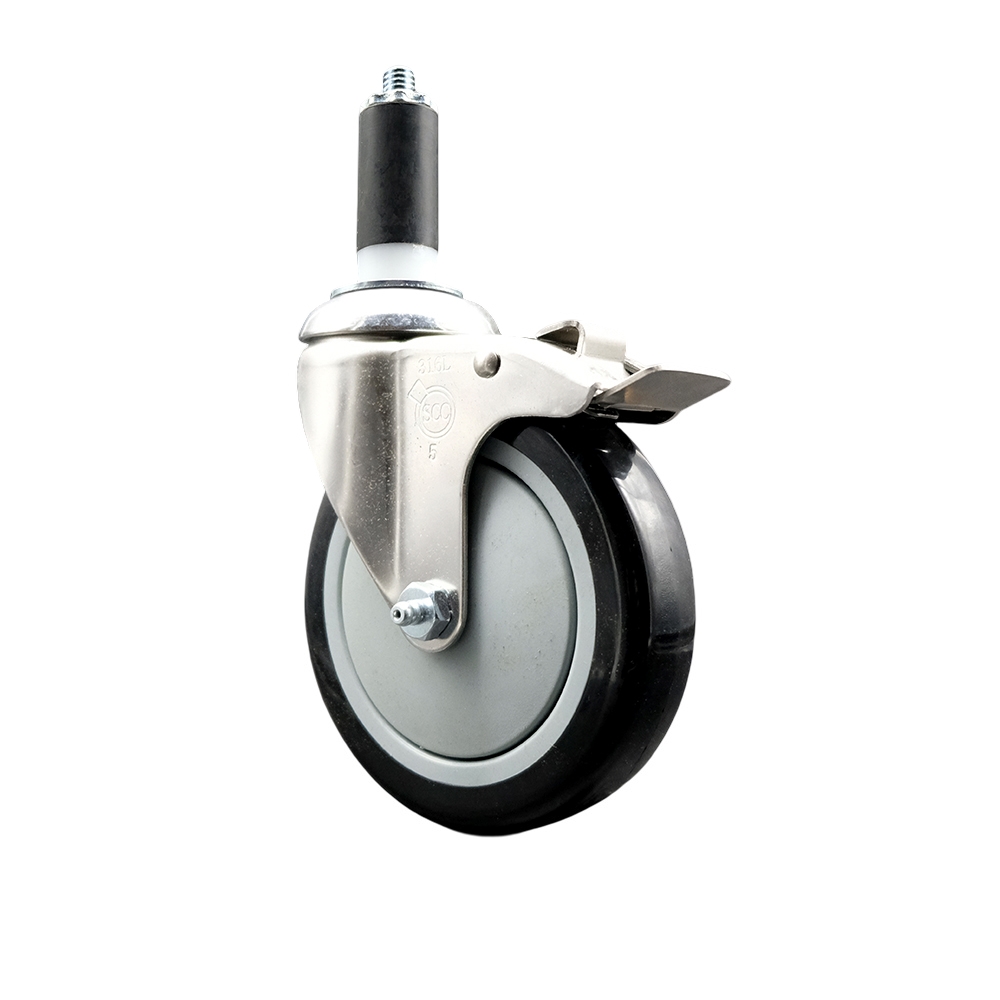 Polyurethane Swivel Stem Caster with 5 Inch Black Caster Wheel and Total Lock Brake - 1-1/4" Expanding Stem - 316 Stainless Steel Caster - 350 lbs. Capacity Per Caster - Service Caster Brand — photo 1