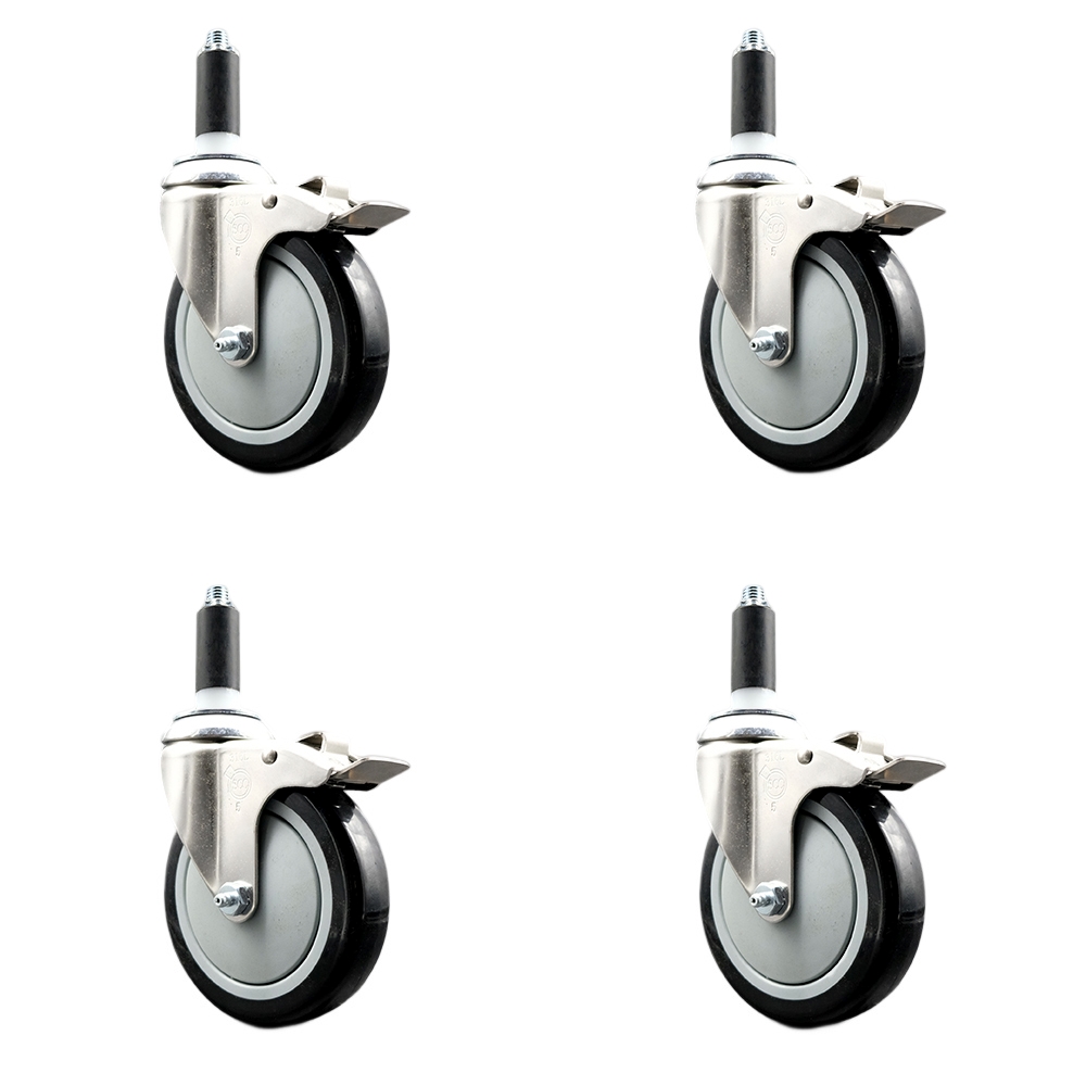 Polyurethane Swivel Stem Caster Set of 4 with 5 Inch Black Caster Wheels - 1-1/8" Expanding Stems - 316 Stainless Steel Casters - Includes 4 Swivel Casters with Total Lock Brakes- Service Caster Brand — photo 1